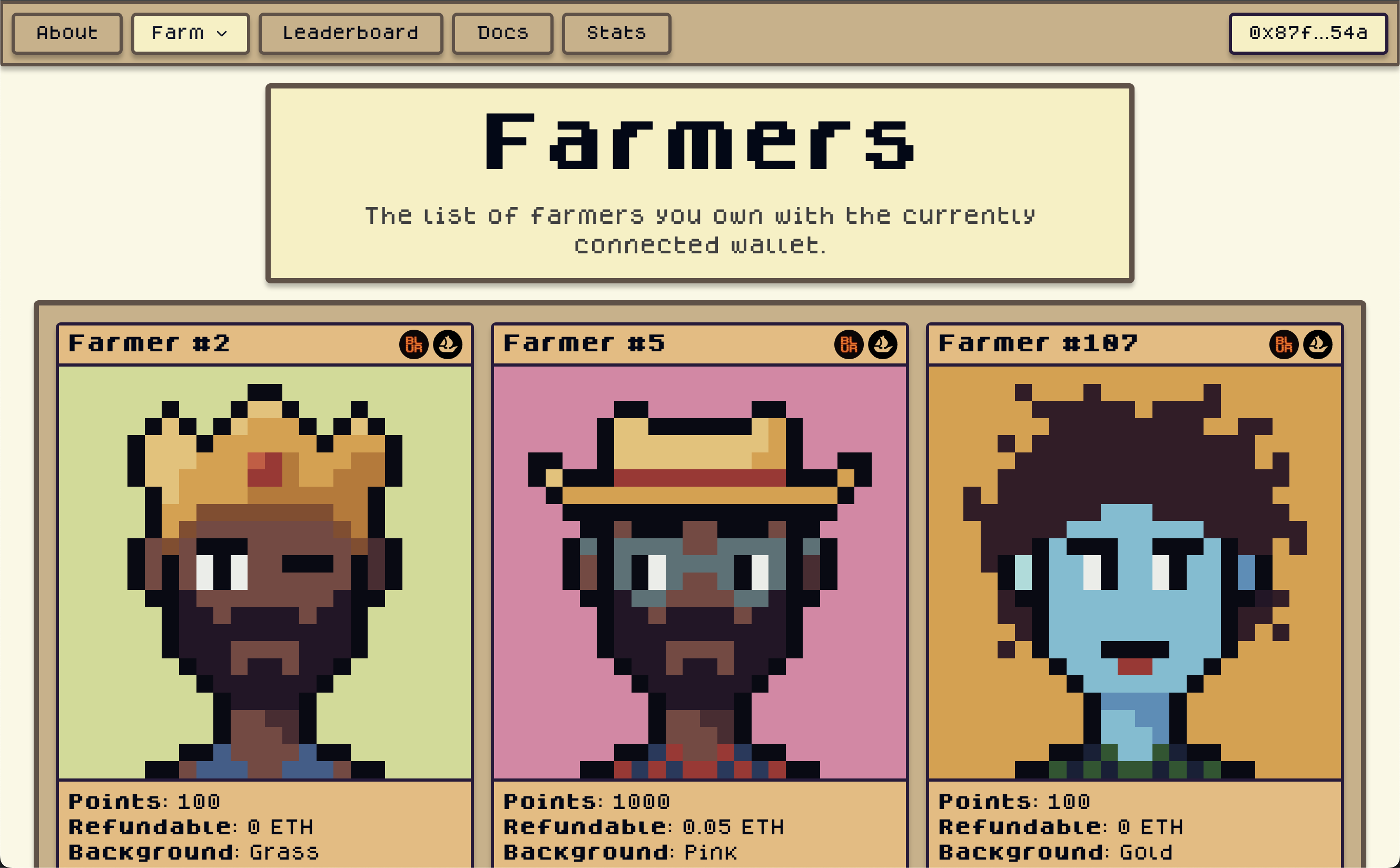 Farmers tab in the Gold Farmers dapp